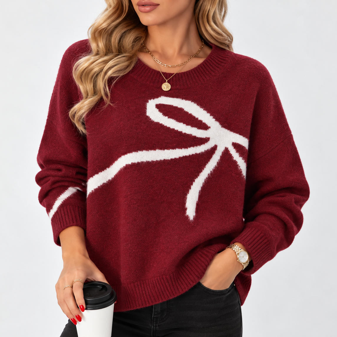 Women's V-Neck Sweater | Oversized Knitted Jumper with Bow Print