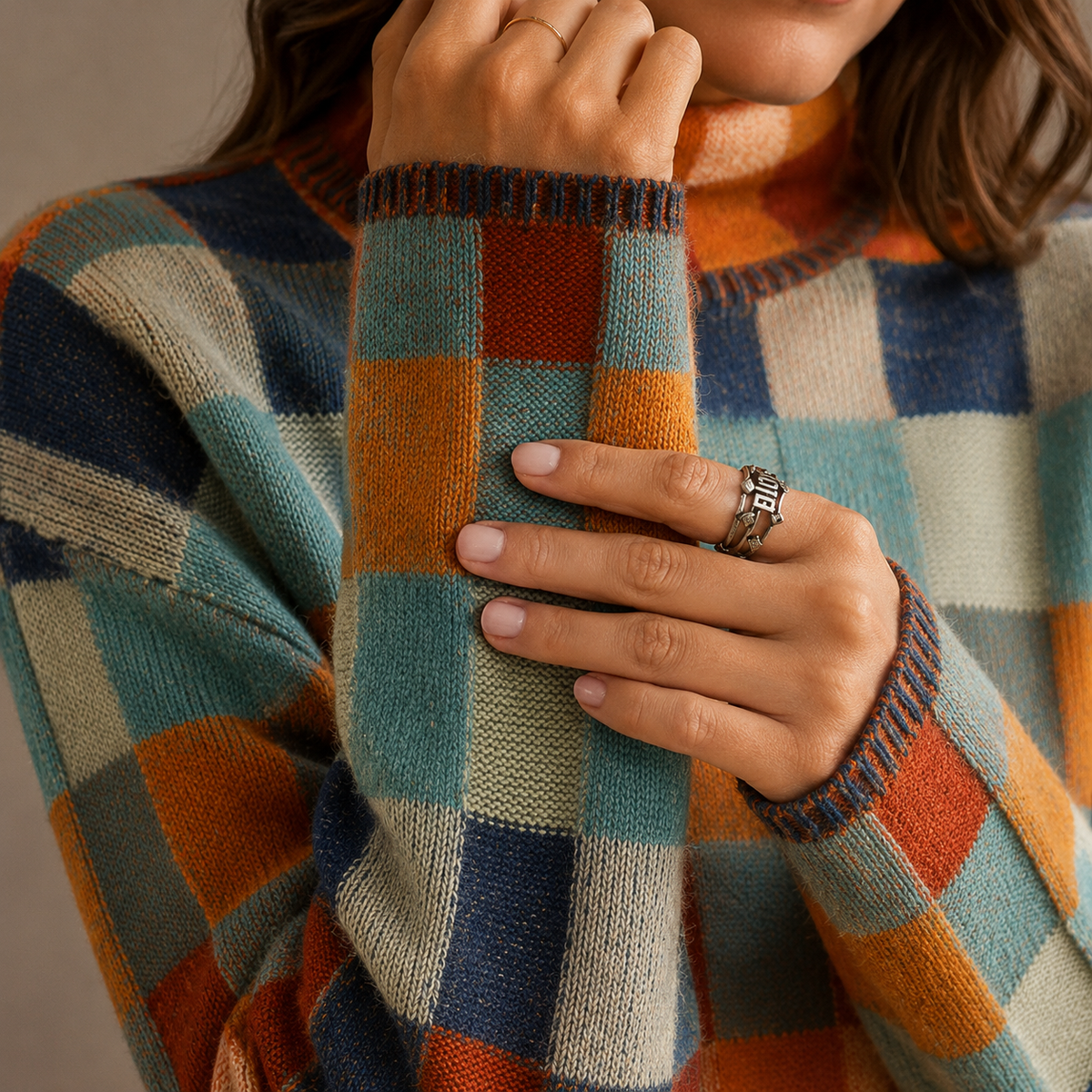 Women's Checkered Turtleneck Sweater – Oversized Winter Knit Jumper