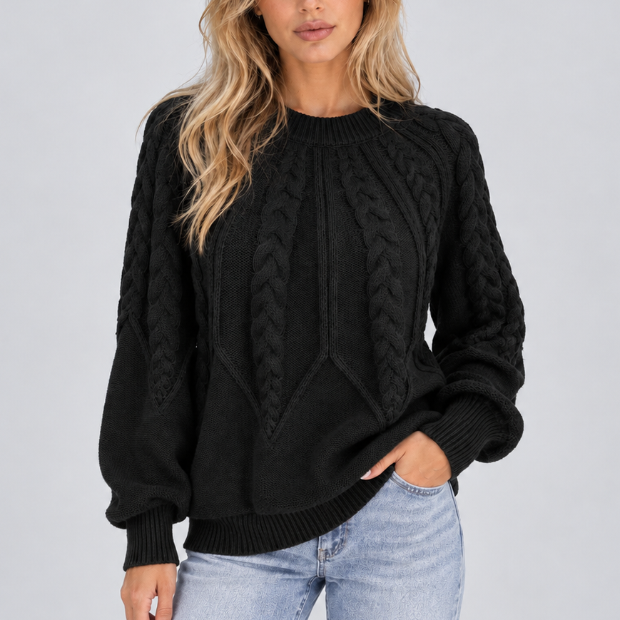 Women's Cable Knit Crew Neck Sweater with Balloon Sleeves