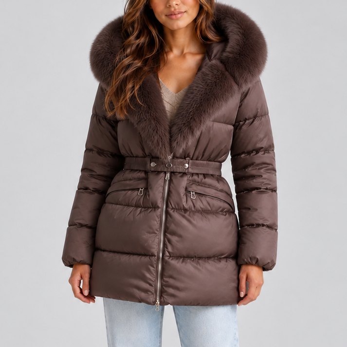 Women's Hooded Puffer Coat with Faux Fur Trim and Belt