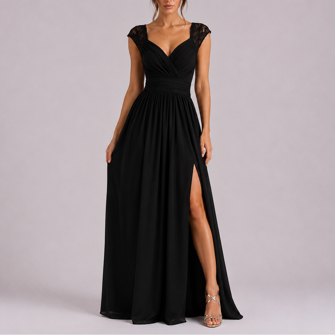 Women's Elegant Lace Shoulder Maxi Dress with Side Slit