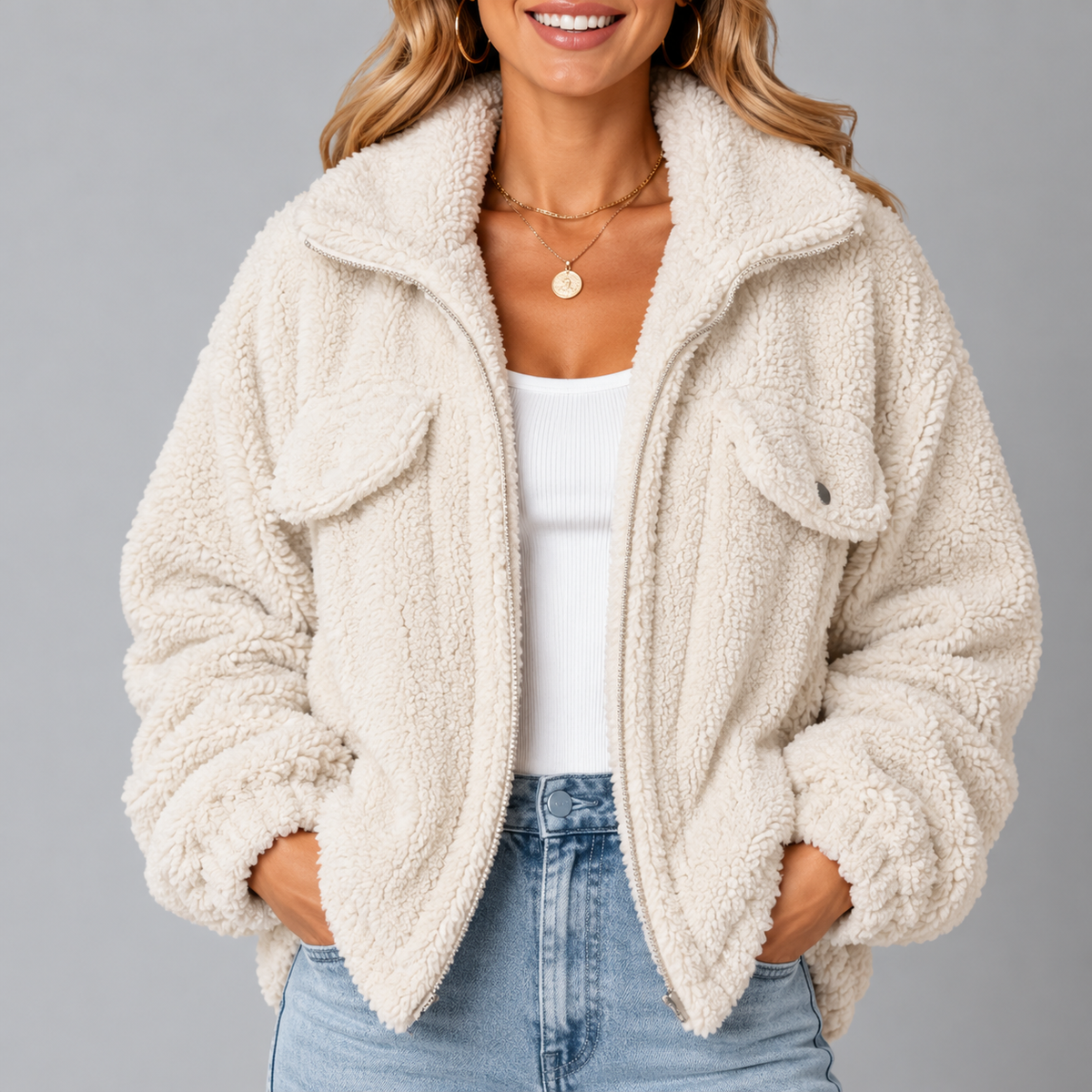 Women's Teddy Fleece Jacket with Wide Collar and Relaxed Fit