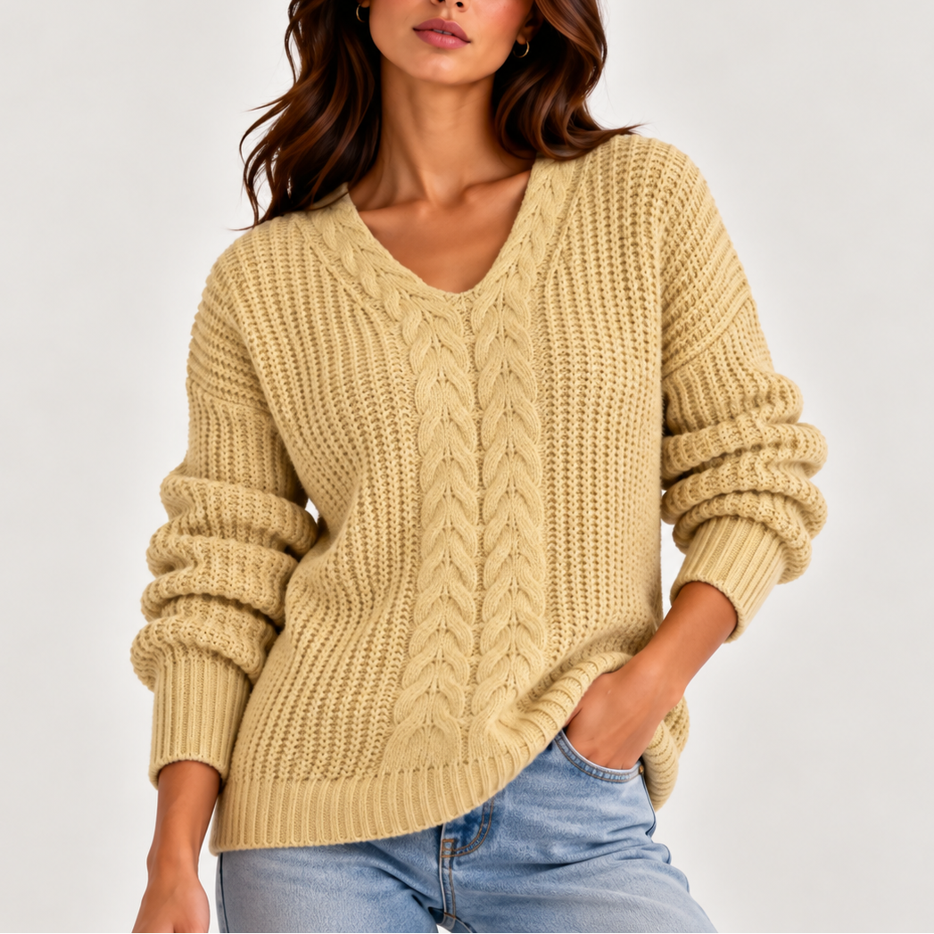Women's Cable Knit V-Neck Sweater – Long Sleeve Knitted Jumper