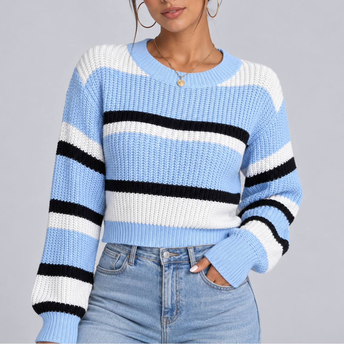 Women's Striped Crew Neck Knitted Sweater