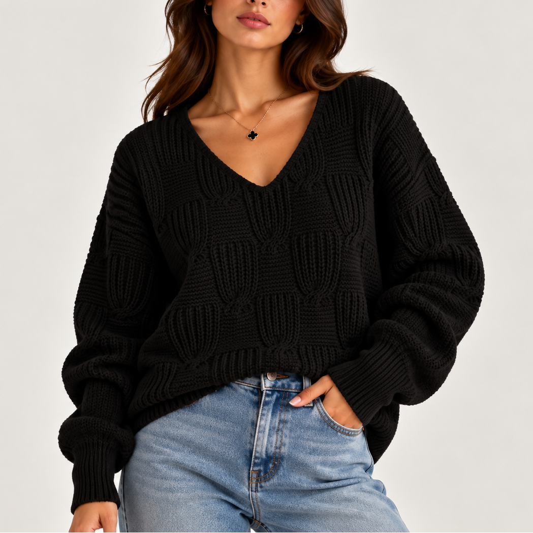 Women's Oversized Cable Knit V-Neck Sweater – Textured Jumper