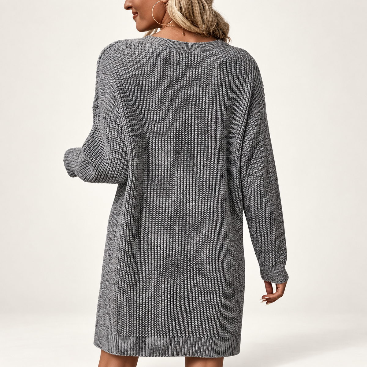Women's Grey Ribbed Knit Sweater Dress | Long Sleeve Midi Tunic