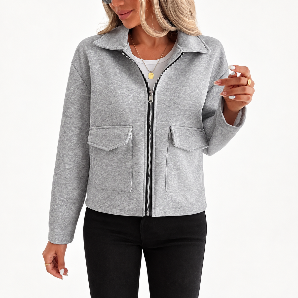Women's Grey Zip-Up Utility Overshirt - Long Sleeve with Flap Pockets