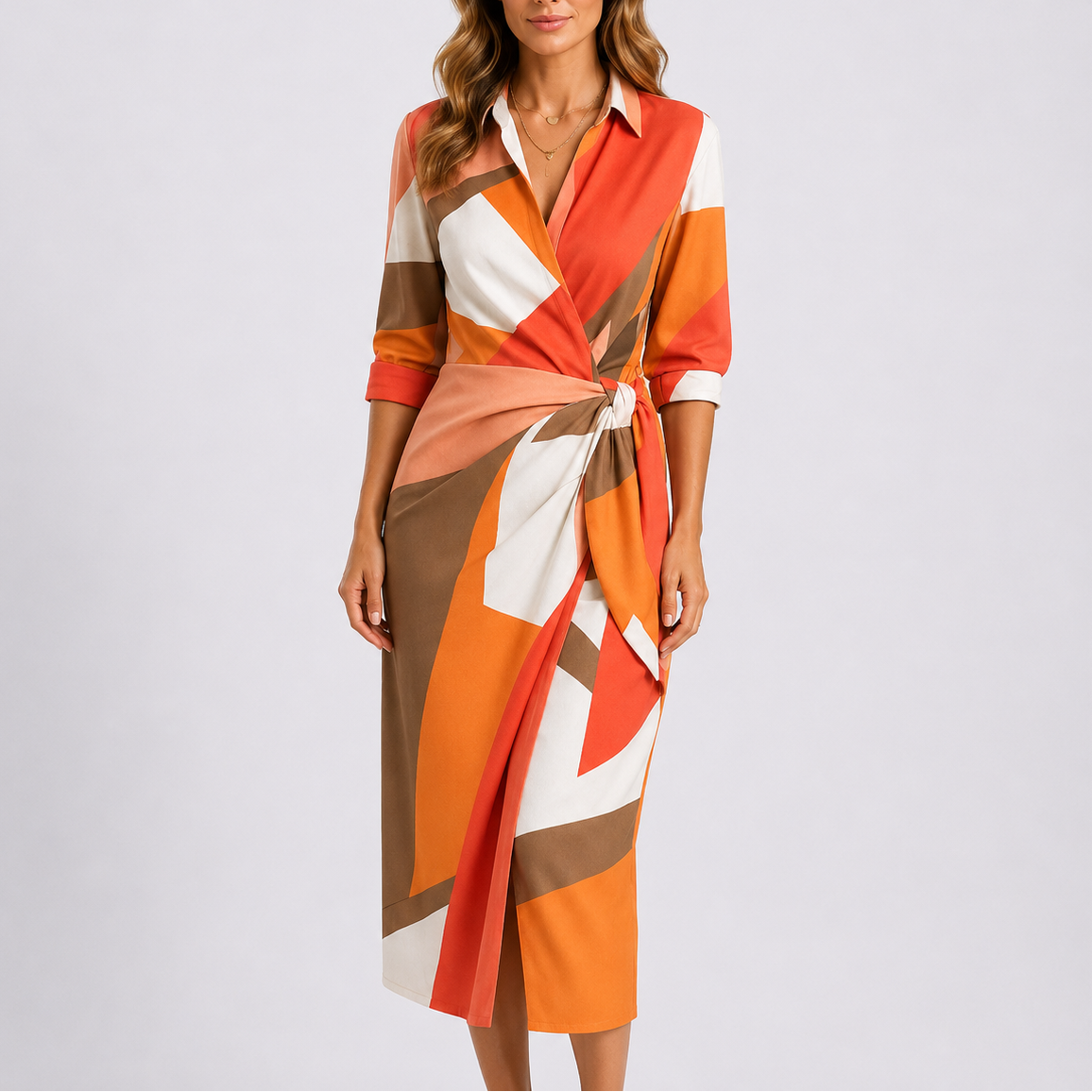 Women's Casual Elegant Midi Dress – V-Neck Tie Waist Wrap Dress