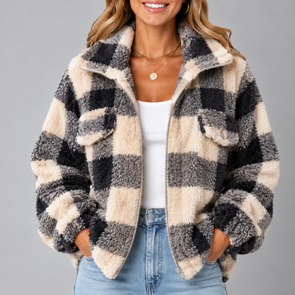 Women's Teddy Fleece Jacket with Wide Collar and Relaxed Fit