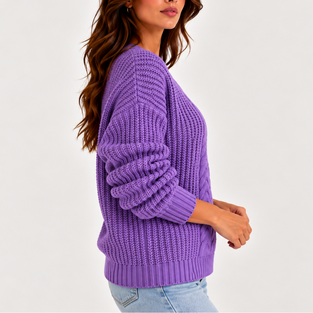Women's Cable Knit V-Neck Sweater – Long Sleeve Knitted Jumper