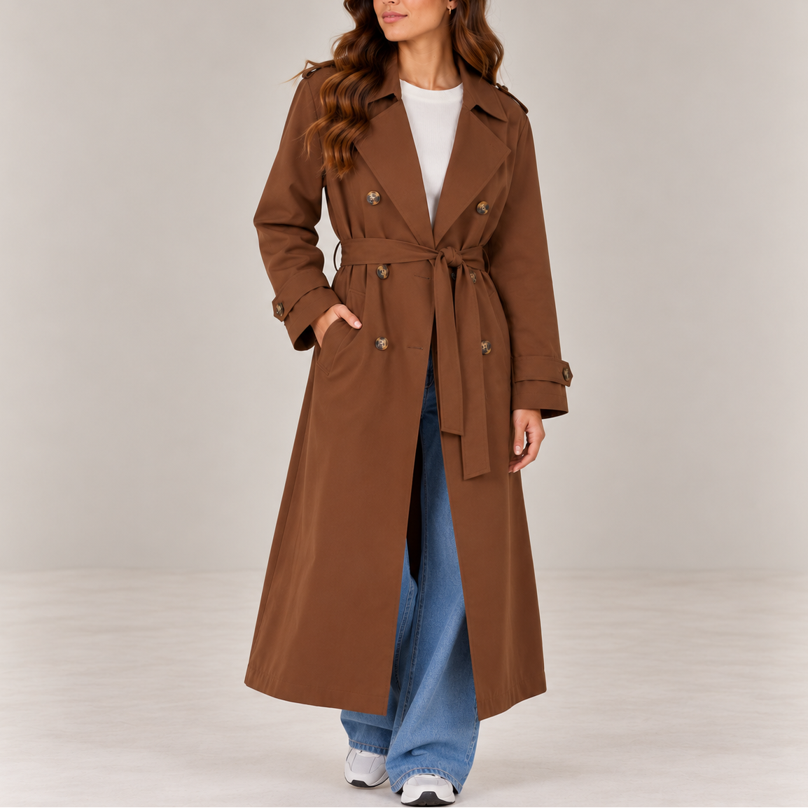 Women's Long Double Breasted Trench Coat with Belt and Lapel Collar