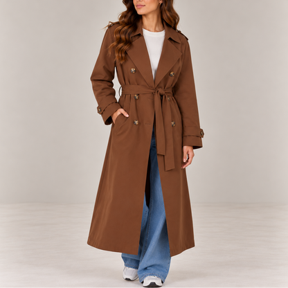 Women's Long Double Breasted Trench Coat with Belt and Lapel Collar