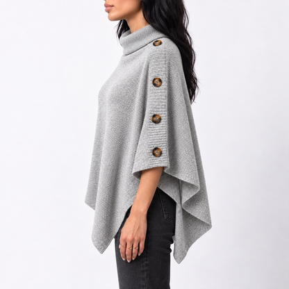 Women's Knitted Turtleneck Poncho with Buttons and Asymmetric Hem