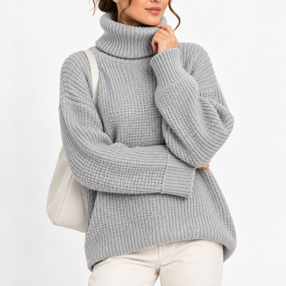 Women's Oversized Turtleneck Sweater with Waffle Knit Texture