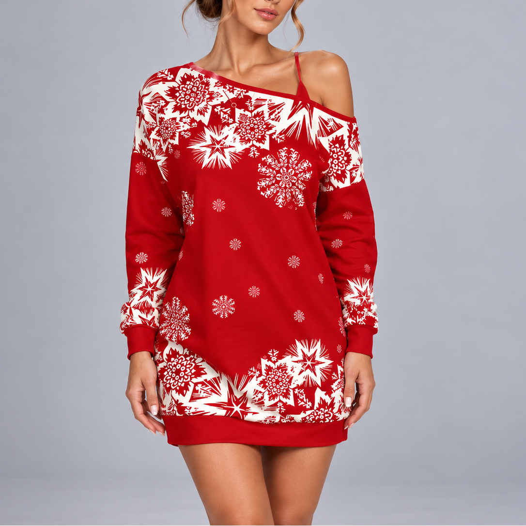 Women's Christmas Snowflake Off Shoulder Sweater Dress – Festive Long Sleeve Mini Dress