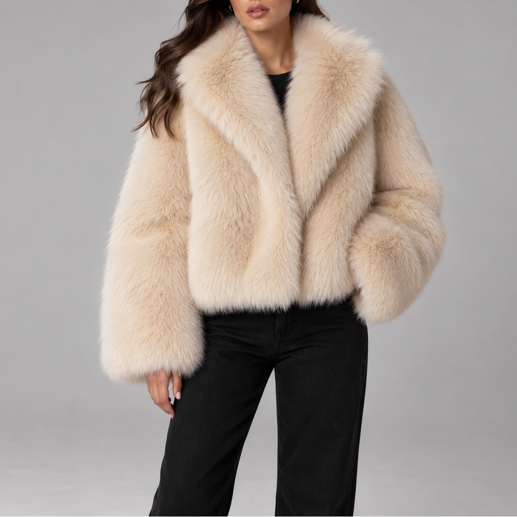 Women's Cropped Faux Fur Jacket with Oversized Collar