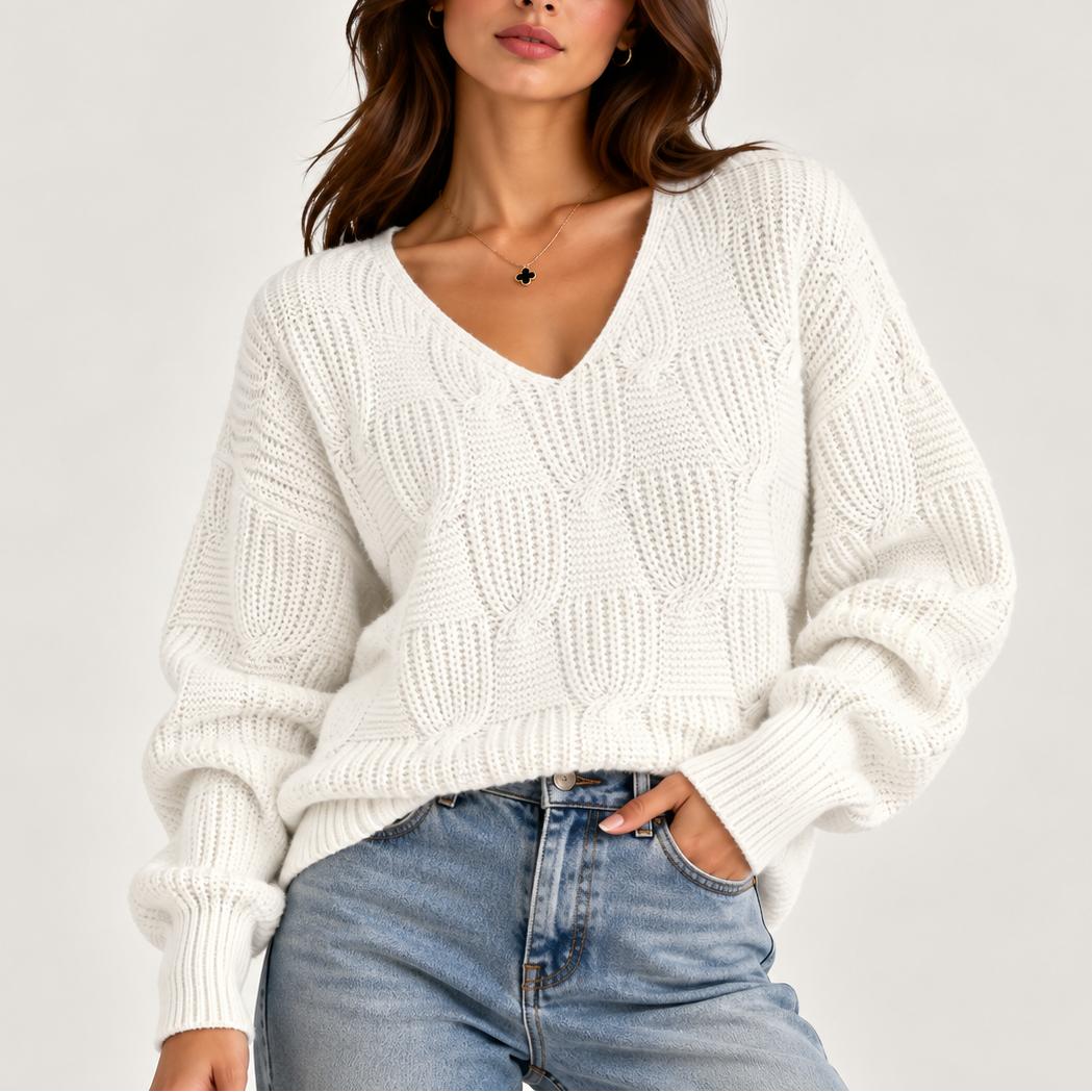 Women's Oversized Cable Knit V-Neck Sweater – Textured Jumper