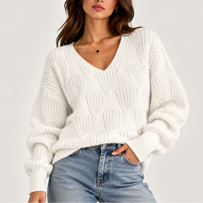 Women's Oversized Cable Knit V-Neck Sweater – Textured Jumper