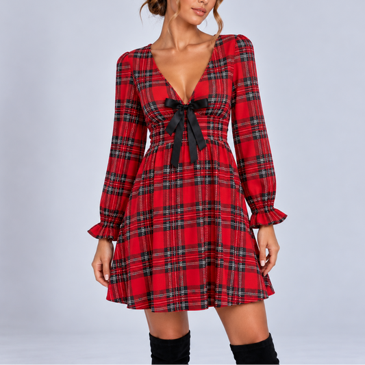 Women's Christmas Plaid Mini Dress with V-Neck, Bow Detail & Long Sleeves