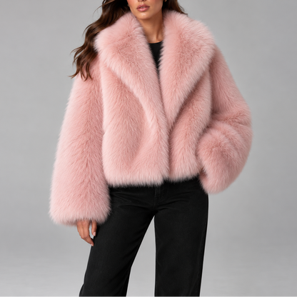 Women's Cropped Faux Fur Jacket with Oversized Collar