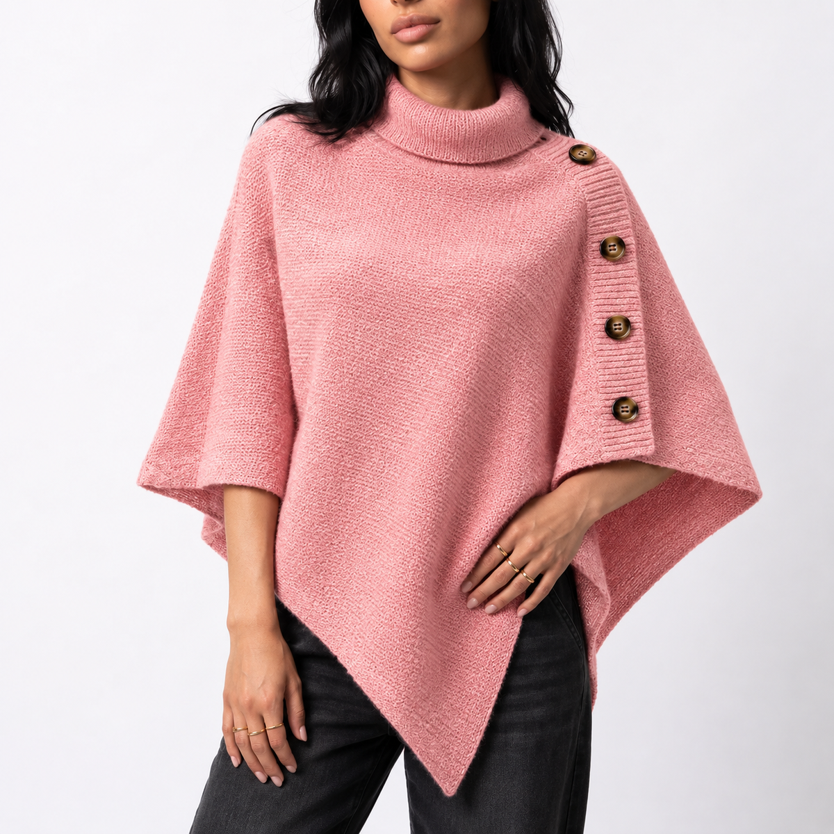 Women's Knitted Turtleneck Poncho with Buttons and Asymmetric Hem