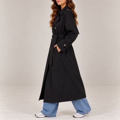 Women's Long Double Breasted Trench Coat with Belt and Lapel Collar