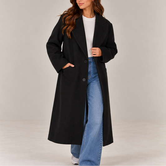 Women's Long Oversized Coat with Lapel Collar and Button Closure