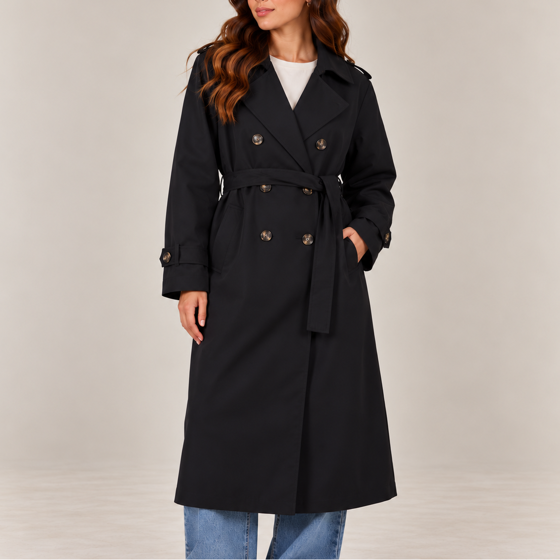 Women's Long Double Breasted Trench Coat with Belt and Lapel Collar