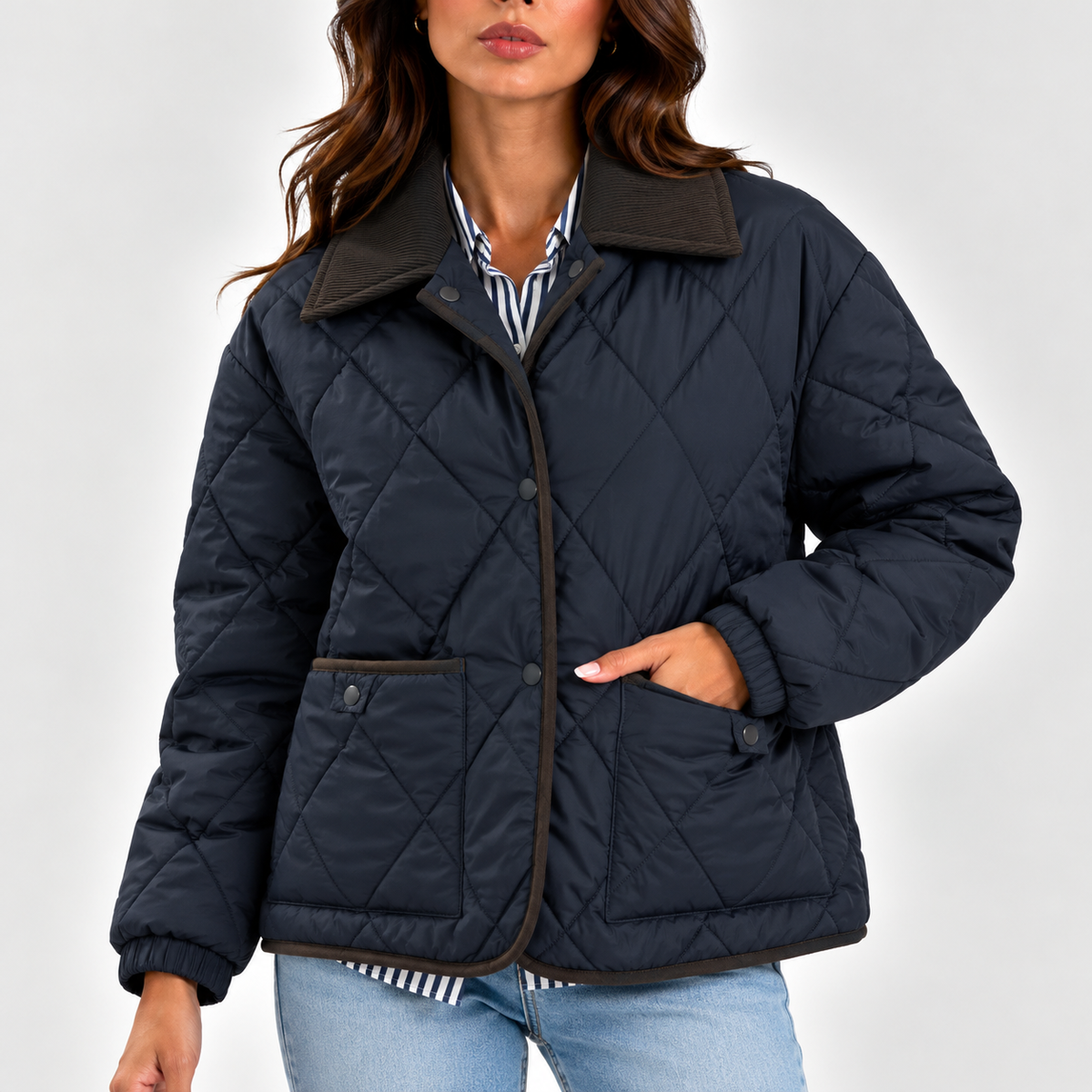 Women's Quilted Puffer Jacket with Corduroy Collar – Long Sleeve Coat