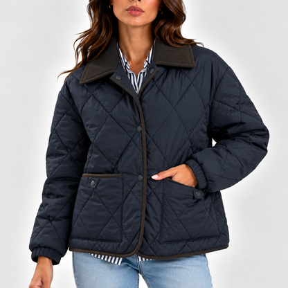 Women's Quilted Puffer Jacket with Corduroy Collar – Long Sleeve Coat