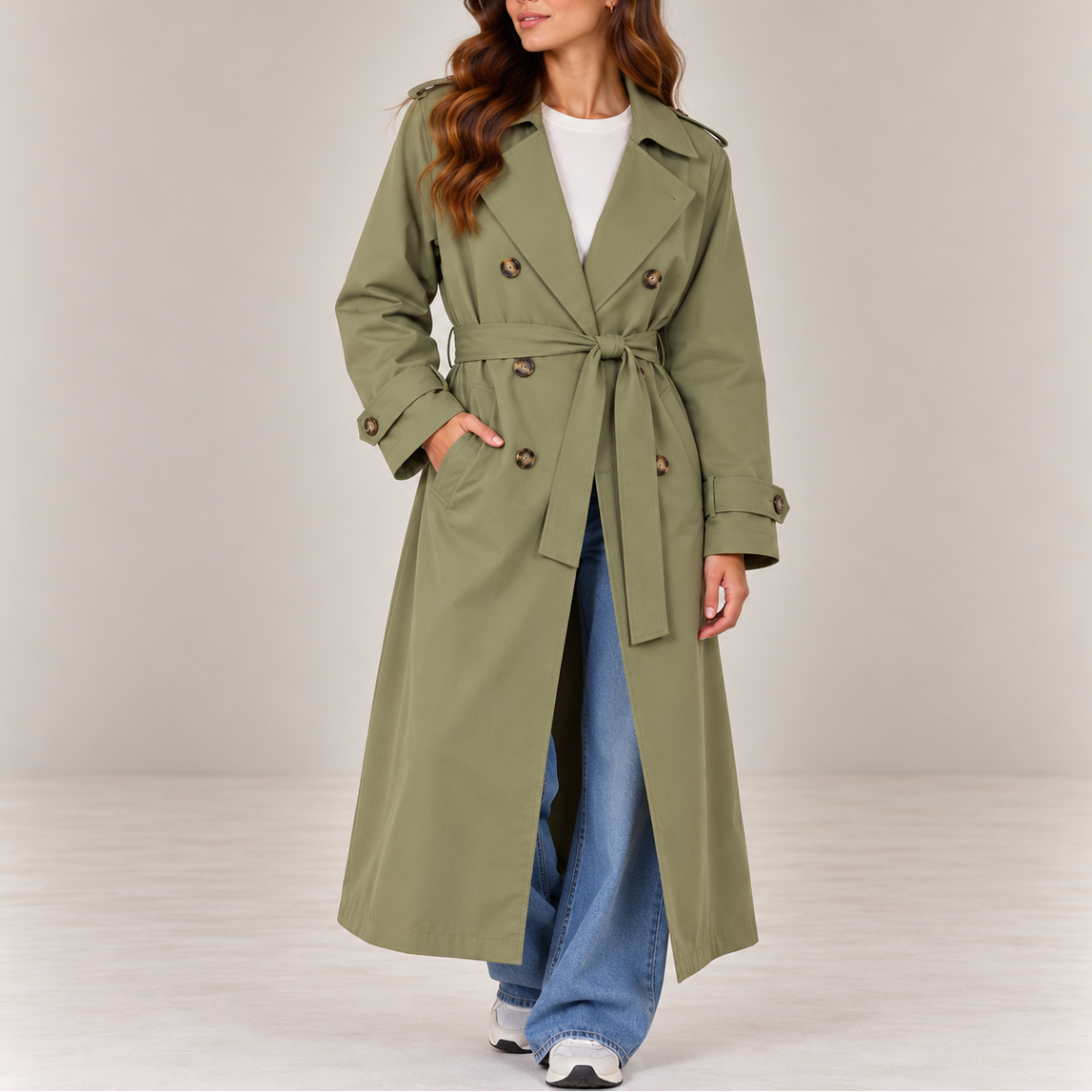 Women's Long Double Breasted Trench Coat with Belt and Lapel Collar