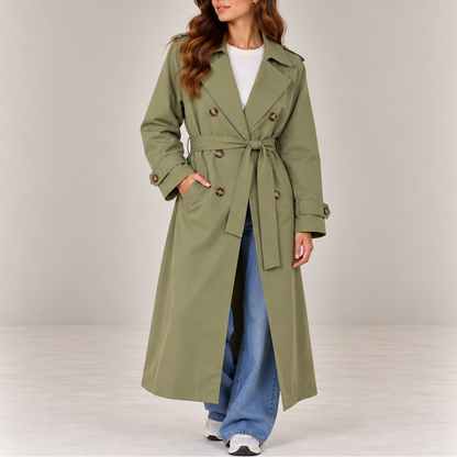 Women's Long Double Breasted Trench Coat with Belt and Lapel Collar