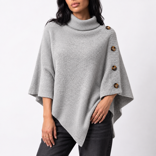 Women's Knitted Turtleneck Poncho with Buttons and Asymmetric Hem