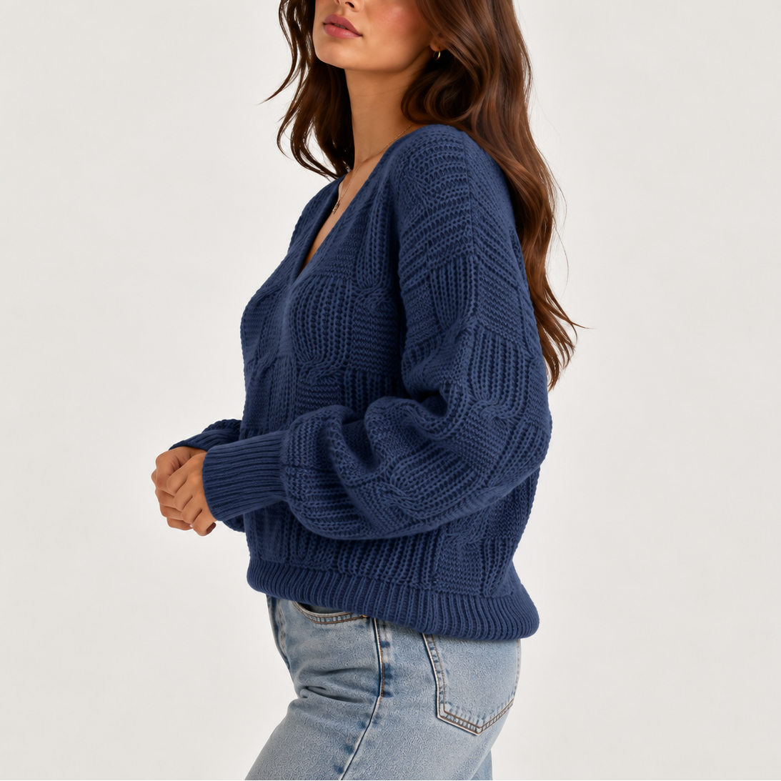 Women's Oversized Cable Knit V-Neck Sweater – Textured Jumper