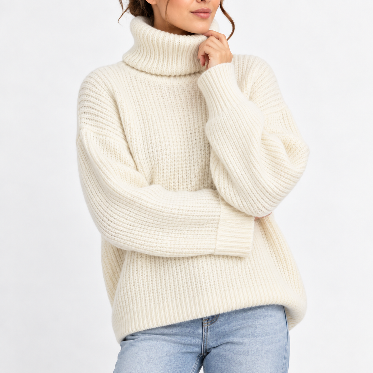 Women's Oversized Turtleneck Sweater with Waffle Knit Texture