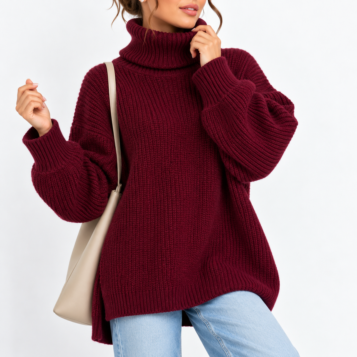 Women's Oversized Turtleneck Sweater with Waffle Knit Texture