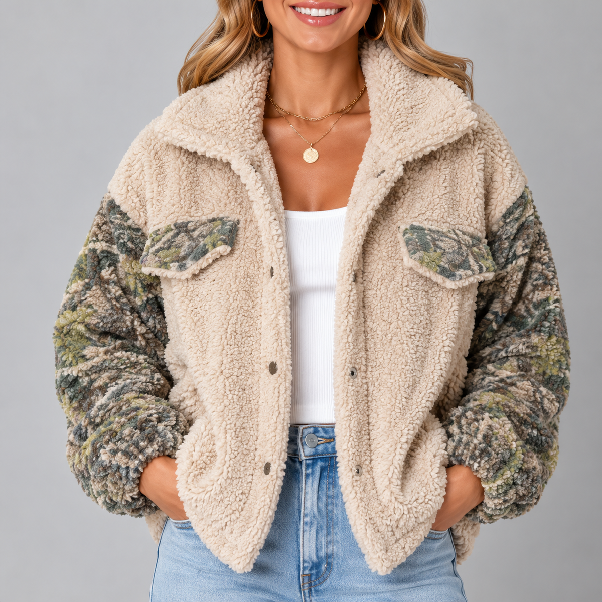 Women's Teddy Fleece Jacket with Wide Collar and Relaxed Fit