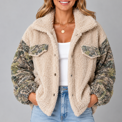 Women's Teddy Fleece Jacket with Wide Collar and Relaxed Fit