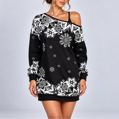 Women's Christmas Snowflake Off Shoulder Sweater Dress – Festive Long Sleeve Mini Dress