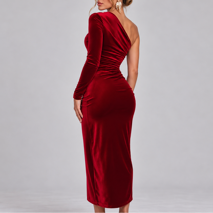 Women's Christmas Dress – Elegant One Shoulder Velvet Evening Gown