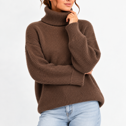 Women's Oversized Turtleneck Sweater with Waffle Knit Texture