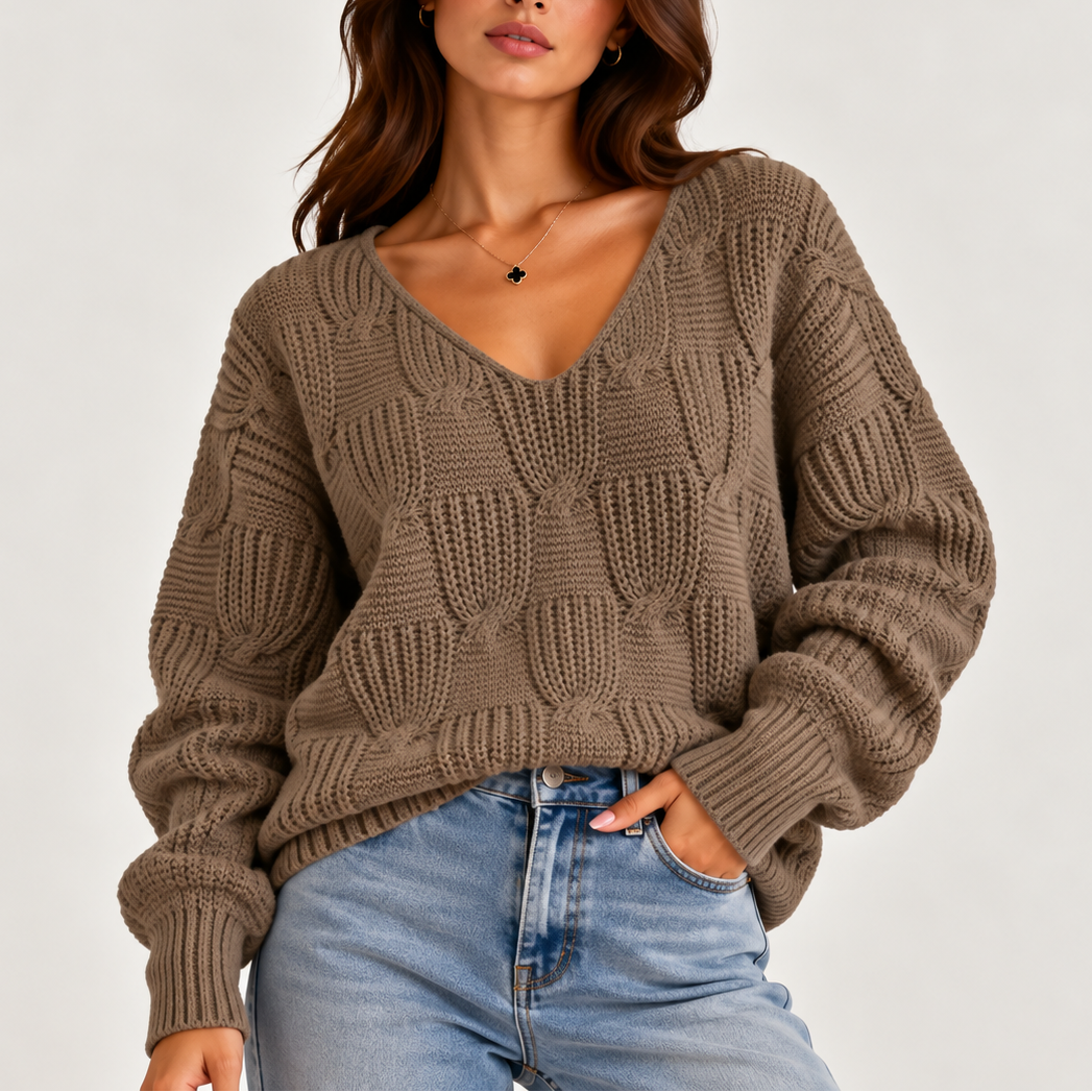 Women's Oversized Cable Knit V-Neck Sweater – Textured Jumper