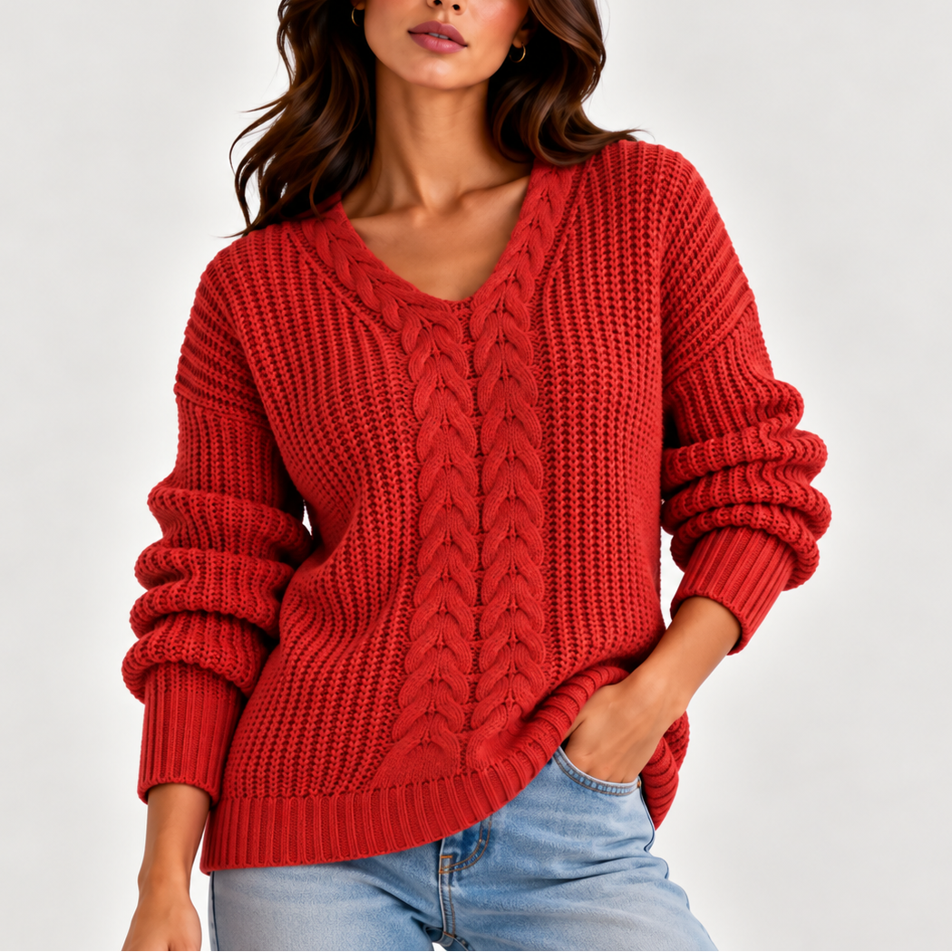 Women's Cable Knit V-Neck Sweater – Long Sleeve Knitted Jumper