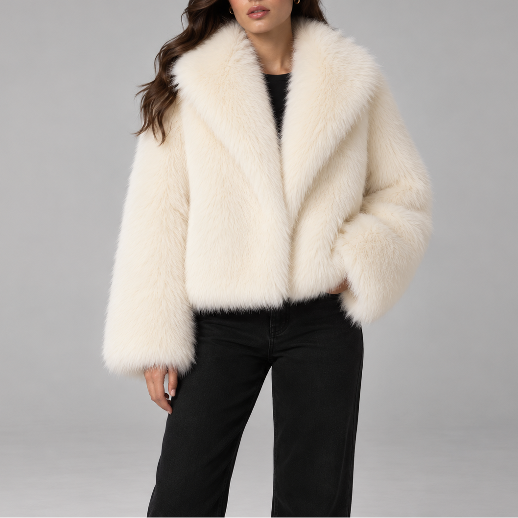 Women's Cropped Faux Fur Jacket with Oversized Collar