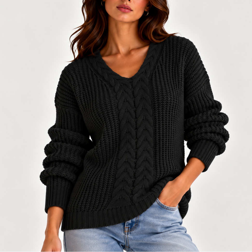 Women's Cable Knit V-Neck Sweater – Long Sleeve Knitted Jumper