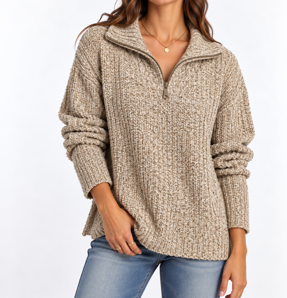 Women's Textured Knit Sweater – Quarter Zip & Relaxed Fit