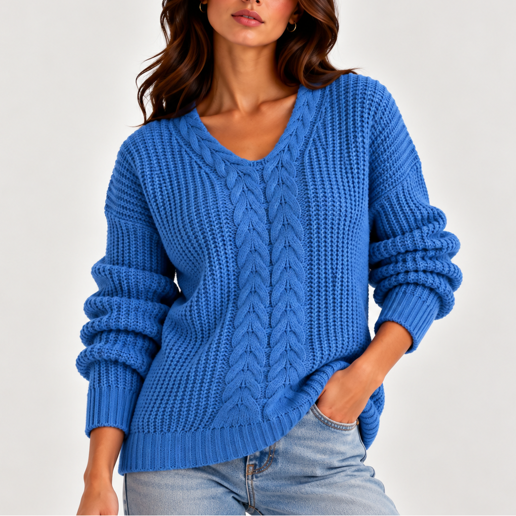 Women's Cable Knit V-Neck Sweater – Long Sleeve Knitted Jumper