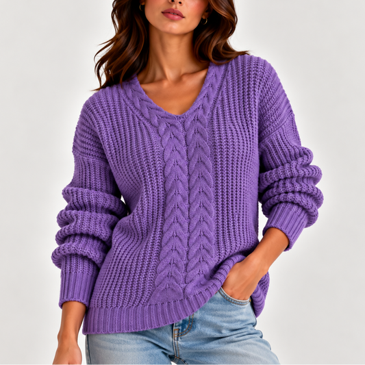 Women's Cable Knit V-Neck Sweater – Long Sleeve Knitted Jumper