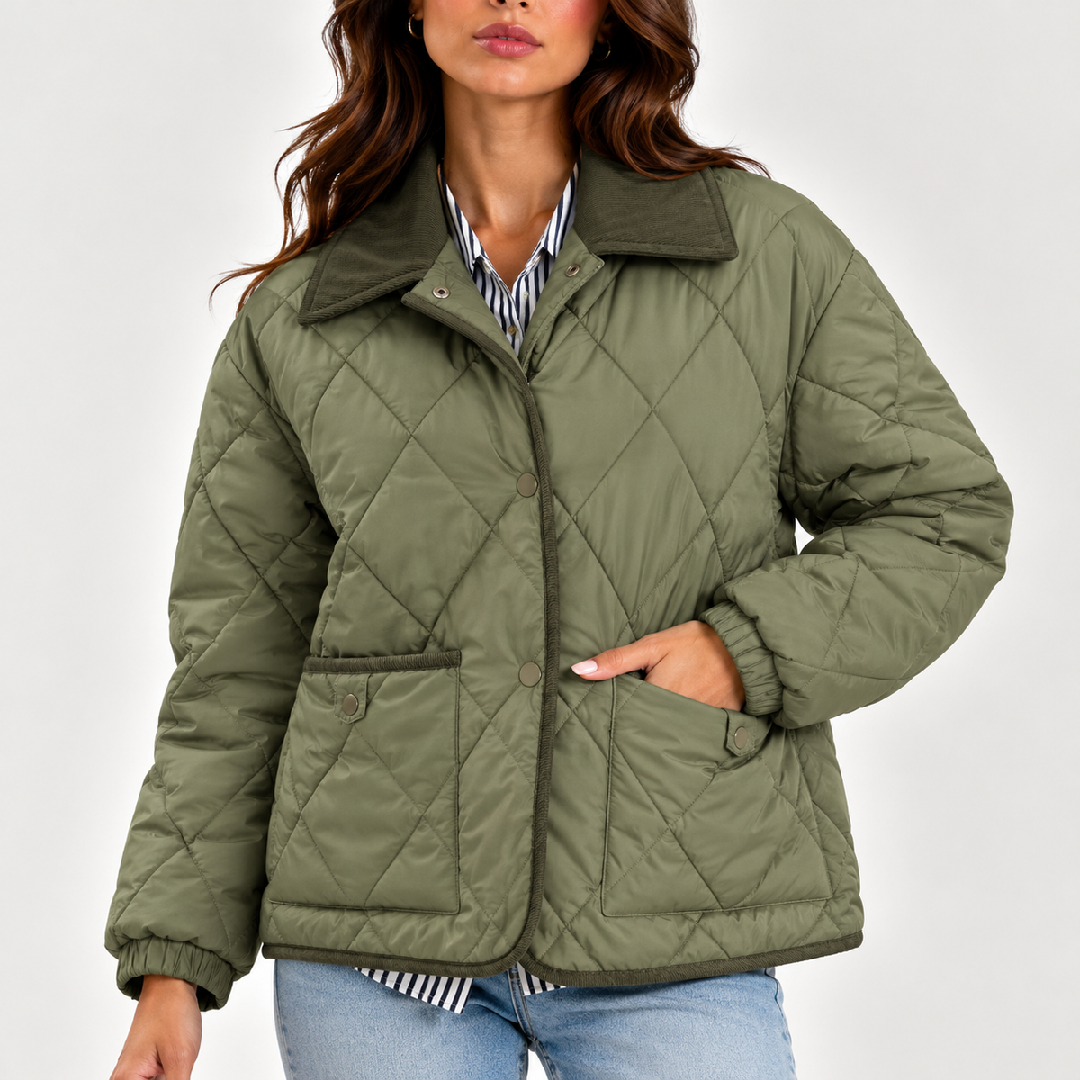 Women's Quilted Puffer Jacket with Corduroy Collar – Long Sleeve Coat