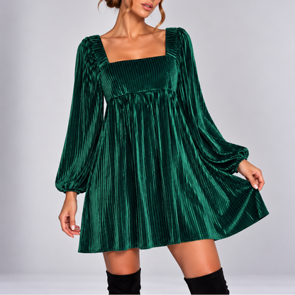 Women's Elegant Christmas Velvet Mini Dress – Square Neck Long Sleeve Party Dress